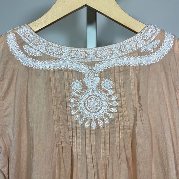 GOPI VAID Women’s Beaded & Embroidered Pleated Short Sleeve Top Tan Size Small - Picture 9 of 12